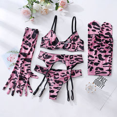 Lingerie Set with Gloves and Stockings - Mesh Printed Design