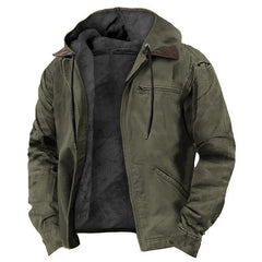 Casual Solid Color Hooded Cotton Jacket with Fleece Lining and Zipper Pockets for Men