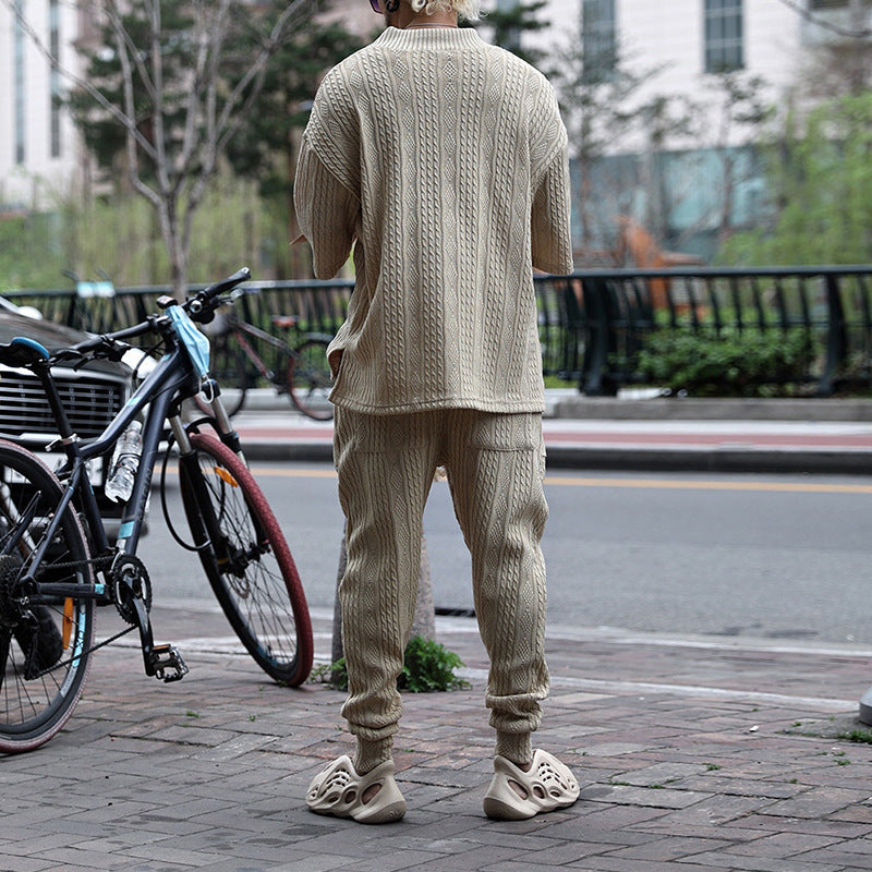 Summer New Casual Knitwear Set for Men, Loose Short Sleeve T-Shirt and Long Pants, Men's Knitted Outfit