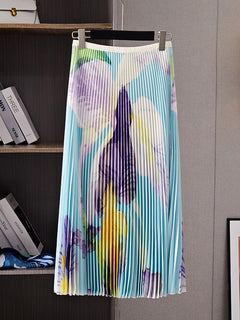Women 2 Pieces Set Pleated Printing Half High Collar Tops And Elastic Waist Spliced Folid Skirts Spring