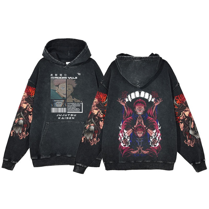 American style retro washed hoodie with men and women's spells returning to the anime station. Five pieces of enlightenment hoodie made from old clothes, wax dyed