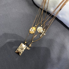 Layered Rose Cross Pendant Choker Necklace Set Boho Golden Carve Portrait Coin Long Chain Necklace Women Christian