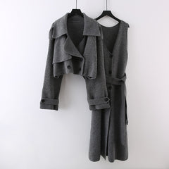 Fashion Knitted 2 Pieces Set For Women Lapel Single Breasted Long Sleeves Patchwork Coat Straight Belt Dresses