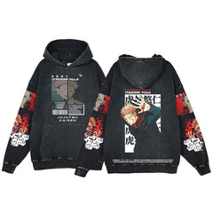American style retro washed hoodie with men and women's spells returning to the anime station. Five pieces of enlightenment hoodie made from old clothes, wax dyed