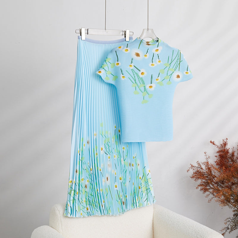 2 Pieces Set Designer Long Sleeves Thin Tops High Waist Fold Skirts Female Clothing