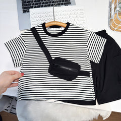 Cute Boy's Stripe Short Sleeve Set Children's Two-Piece Outfit Thin Cargo Shorts for Boys