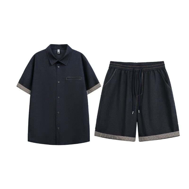 Denim Short Sleeve Shirt Set for Men, Casual Fashion Two-Piece Outfit