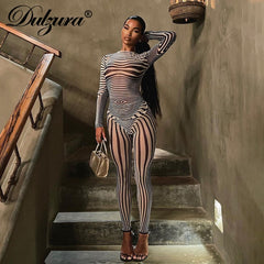 Dulzura  Autumn Winter Women Stripe Zebra Print Mesh 2 Pieces Long Sleeve Top Leggings Set Skinny See Through Sheer Outfit