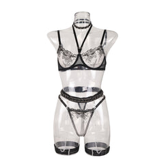 Lace hollow splicing perspective metal chain hanging neck sexy lingerie