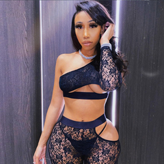 Long Sleeve One -Shoulder Patchwork Lace Tshirt Leggings 2 Pieces Set Autumn Winter Women Sexy Party Tracksuit