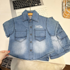Boy's  Lightweight Denim Outfit Set, Casual Cargo Two-Piece Set with Gradient Short Sleeve