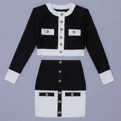 Chic Women's Two Pieces Set Buttons Crop Top Mini Skirt Set Elegant Clothing Vestido Bandage Skirt Suit