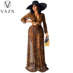 VAZN Spring and Summer European and American Women's Leopard Print Chiffon Print Skirt Set of 2 Pieces (Without Underwear)