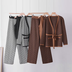 Slimming Vintage Floral Pattern Knitted Set, Elegant Knit Three-Piece Suit