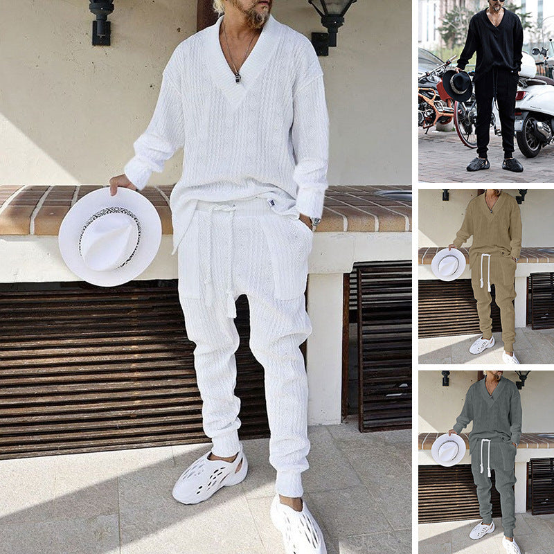 Style Men's Casual Knitwear Set, Loose Long Sleeve Top and Long Pants for Men