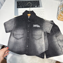 Boy's  Lightweight Denim Outfit Set, Casual Cargo Two-Piece Set with Gradient Short Sleeve