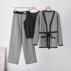 Slimming Vintage Floral Pattern Knitted Set, Elegant Knit Three-Piece Suit