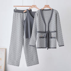 Slimming Vintage Floral Pattern Knitted Set, Elegant Knit Three-Piece Suit