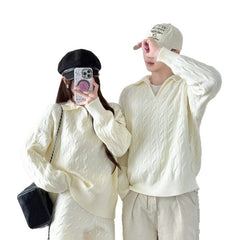 Couples' Autumn/Winter Knitwear Set V-Neck Sweater Short Pants Long Sleeve Pullover Men