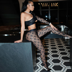 Long Sleeve One -Shoulder Patchwork Lace Tshirt Leggings 2 Pieces Set Autumn Winter Women Sexy Party Tracksuit