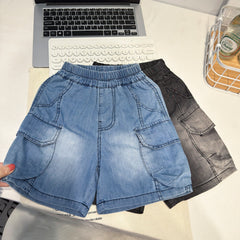 Boy's  Lightweight Denim Outfit Set, Casual Cargo Two-Piece Set with Gradient Short Sleeve