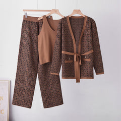 Slimming Vintage Floral Pattern Knitted Set, Elegant Knit Three-Piece Suit