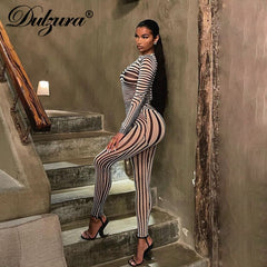 Dulzura  Autumn Winter Women Stripe Zebra Print Mesh 2 Pieces Long Sleeve Top Leggings Set Skinny See Through Sheer Outfit