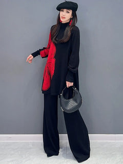 Winter Knit Two Pieces Set Fashion Women Flower Printed Sweater Casual Versatile Solid Color Trousers