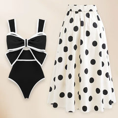 Vintage Swimsuit and Skirt 3D Bow-tie One Piece  Swimwear Women Bikini set  Bathing Suit Two-pieces beach dress Monokini