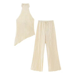 New Women Two Pieces Sets Fashion Asymmetric Halter Top Women Suit Casual Ruched Long Pants Set Womens Outfits