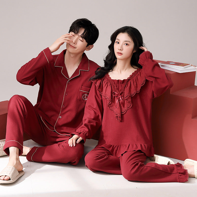 Pajamas for men and women in spring and autumn pure cotton couple wedding celebration home clothes
