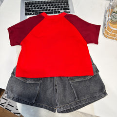 Casual Boy's Short Sleeve Outfit Set Denim Shorts Two-Piece Lightweight Clothing for Kids