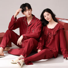 Pajamas for men and women in spring and autumn pure cotton couple wedding celebration home clothes