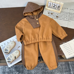 Fleece contrasting color hooded sweatshirt and sweatpants two-piece set