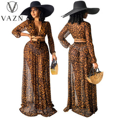 VAZN Spring and Summer European and American Women's Leopard Print Chiffon Print Skirt Set of 2 Pieces (Without Underwear)
