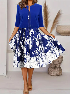 Two-piece long dress with floral and grass print, round neckline