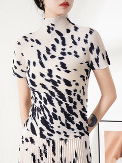 Printed Short Sleeves Pleated T-shirt Loose Long Skirts Female Retro Two Pieces Set Trendy Summer