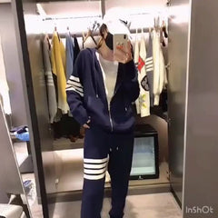 Fashion Casual Sportswear Set for Women, Four-Stripe Oversized Hoodie Jacket, Stylish Two-Piece Outfit