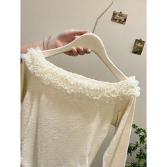 Sexy Lace Spliced Ruffle Off-Shoulder Long Sleeve T-Shirt for Women, Autumn Pleated Waist Slim Fit, Revealing Shoulder Top